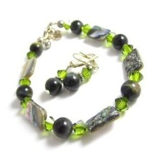 Abalone, Olive Green Crystals, Dark Green Cat's Eye Bead 9.5" Anklet Earring Set